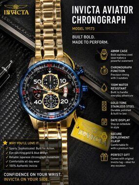 ⌚ NEW Invicta Aviator Chronograph Gold Tone Men’s Watch